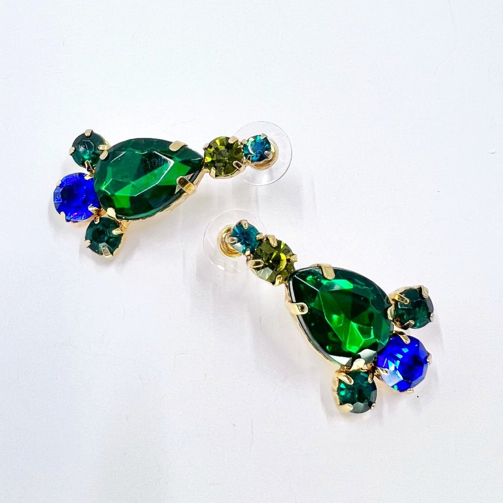 Green & Blue Tear Drop Rhinestone Costume Post Earrings